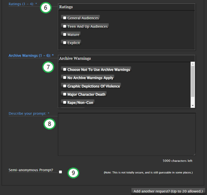 A screenshot of a prompt request on Archive of Our Own dot org. Each field is called out with a number.