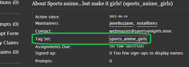 A screenshot of the profile page of the "Sportsani but Girls" prompt meme. The tag set link is emphasized.