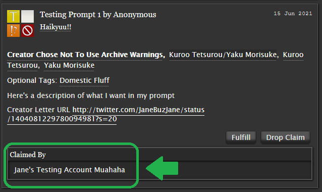 A screenshot of a prompt meme on Archive of Our Own dot org, with the Claim list highlighted in green.