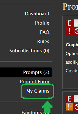 A screenshot of the sidebar on an Archive of Our Own Prompt Meme Collection, with the "My Claims" button highlighted.