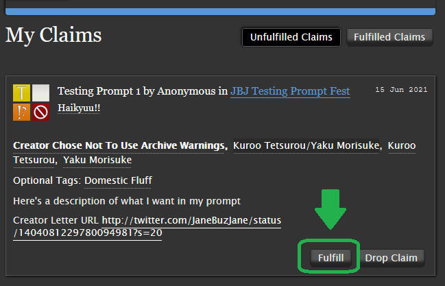 A screenshot of a prompt request on Archive of Our Own dot org, with the "Fulfill" button highlighted in green.