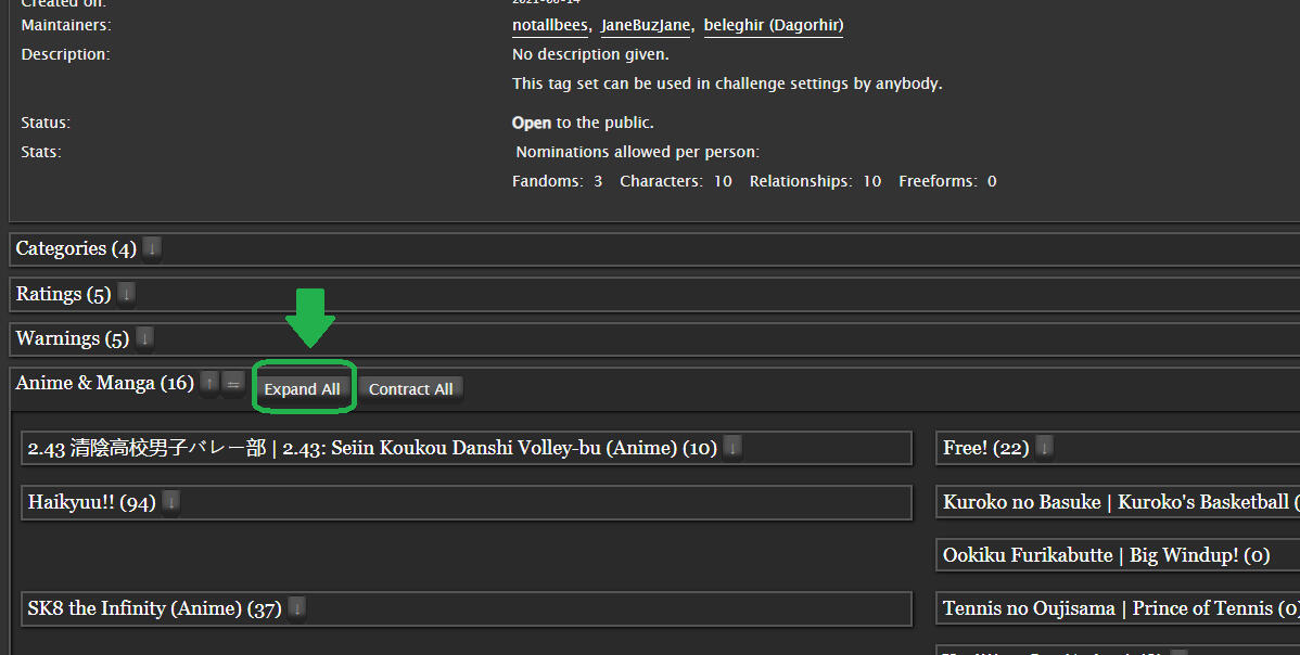 A screenshot of the tag set nomination page with the "Expand All" button emphasized.