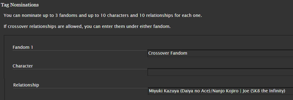 A screenshot of a tag set nomination on AO3. The "Fandom 1" field has "Crossover Fandom" in it, and the Relationship field has "Miyuki Kazuya (Daiya no Ace)/Nanjo Kojiro | Joe (SK8 the Infinity)" in it.